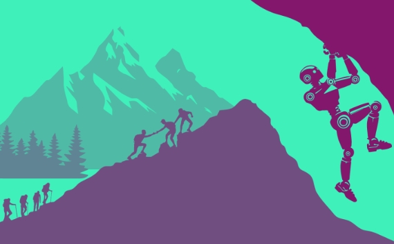 Robot leaping ahead of climbers ascending a mountain, symbolizing AI advancement outpacing human progress